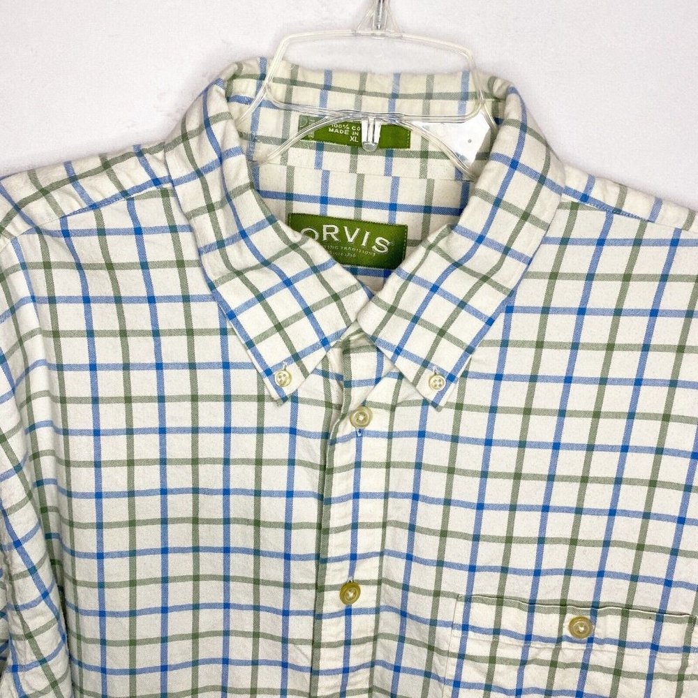 Orvis White Button-Down Shirt with Blue and Green Plaid